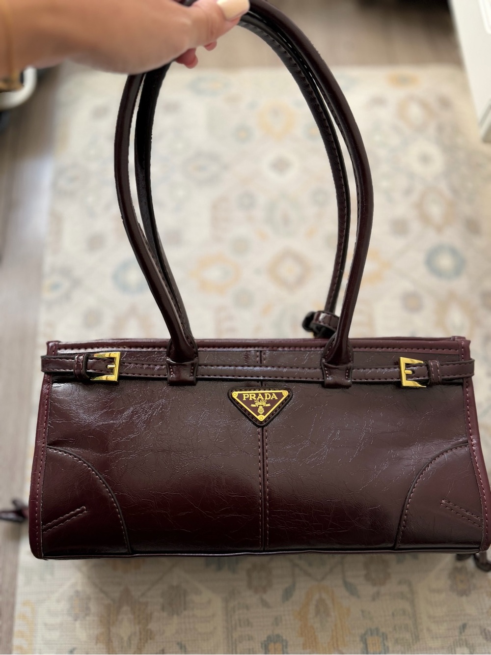 Burgundy Leather Double-Handle Shoulder Bag